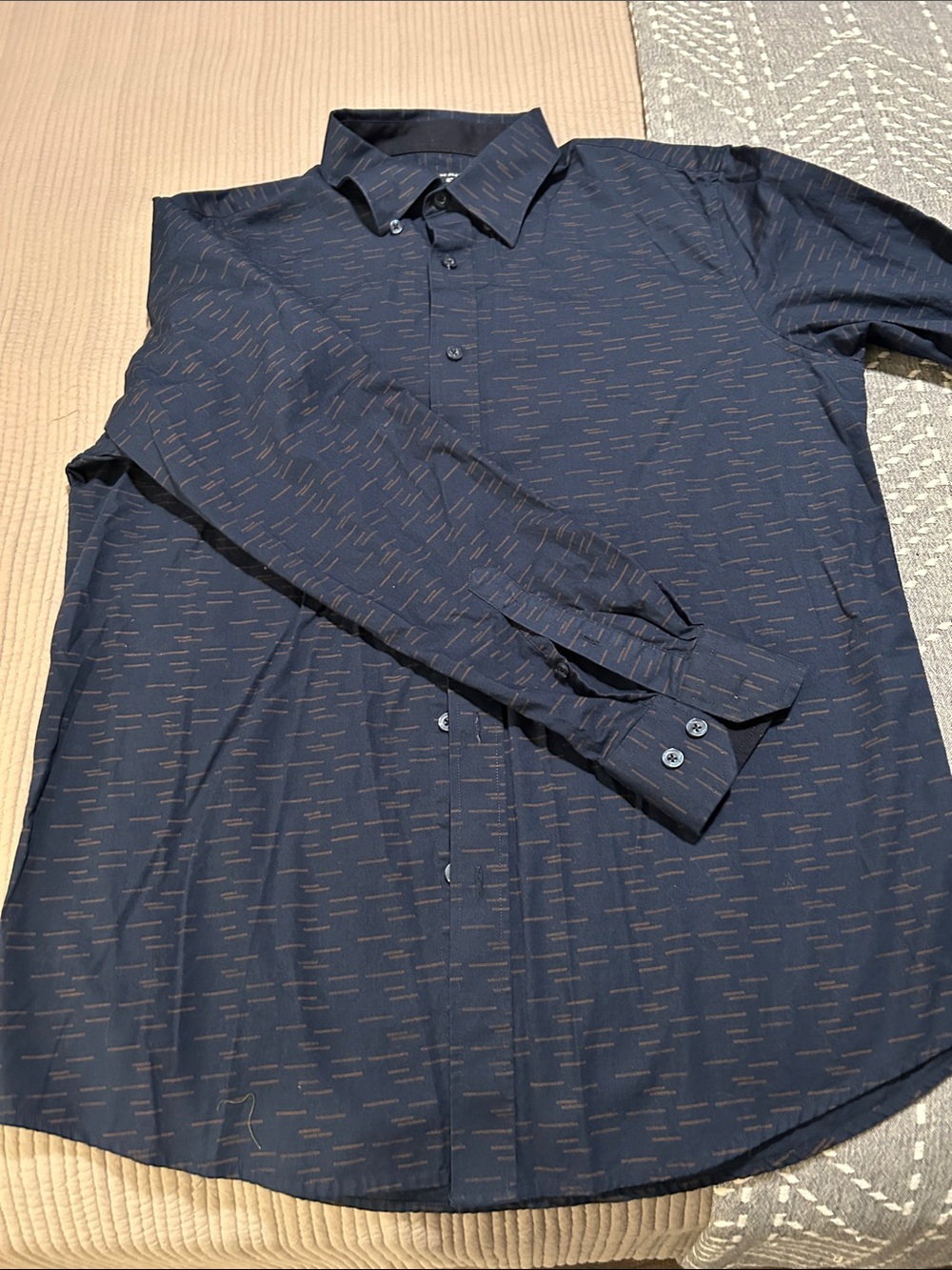 Ben Sherman Navy Button-Up Shirt with Tan Micro-Print